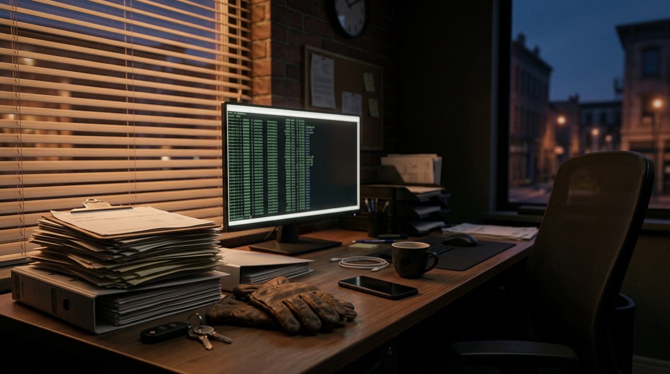 Illustration of an office desk with paperwork, work gloves, a phone and a monitor beside an empty chair.